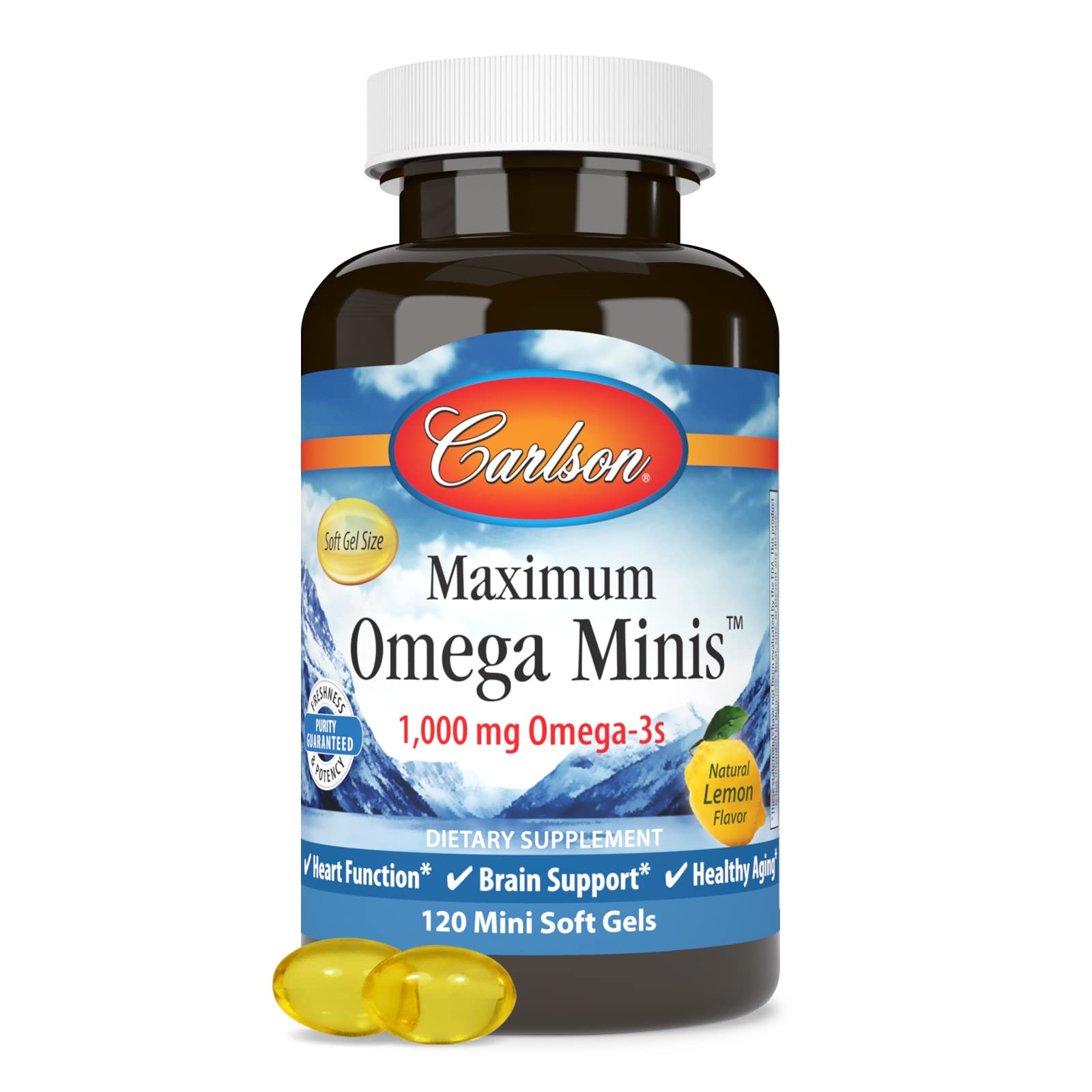 Carlson Maximum Omega Minis, 1000 mg, Omega-3s, Lemon, 120 Mini Softgels