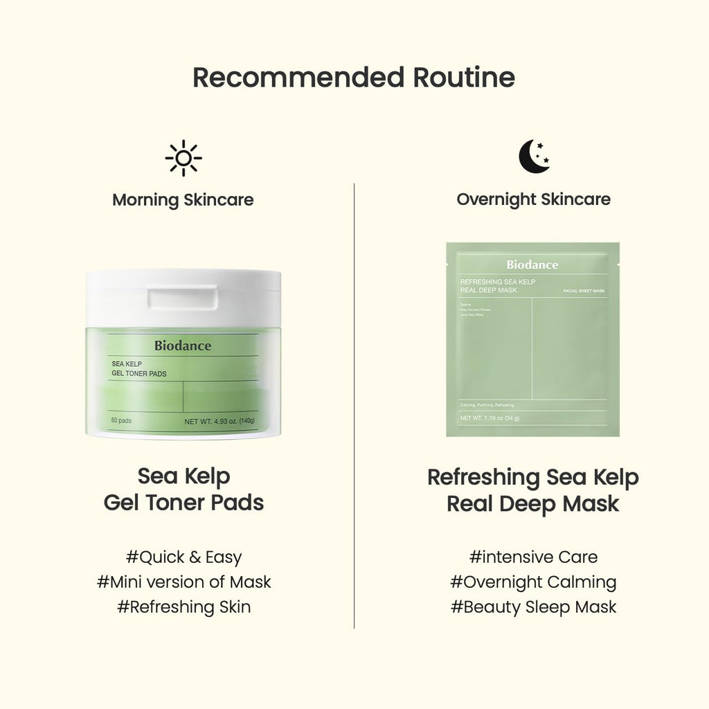 BIODANCE Sea Kelp Day & Night Gel Duo: Sea Kelp Mask & Toner Pads Set, Calming, Soothing, Oil Sebum Control for Sensitive Oily Skin, Korean Skin Care, Skin Care Set