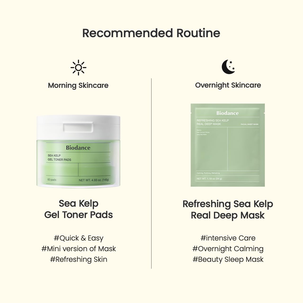BIODANCE Sea Kelp Day & Night Gel Duo: Sea Kelp Mask & Toner Pads Set, Calming, Soothing, Oil Sebum Control for Sensitive Oily Skin, Korean Skin Care, Skin Care Set