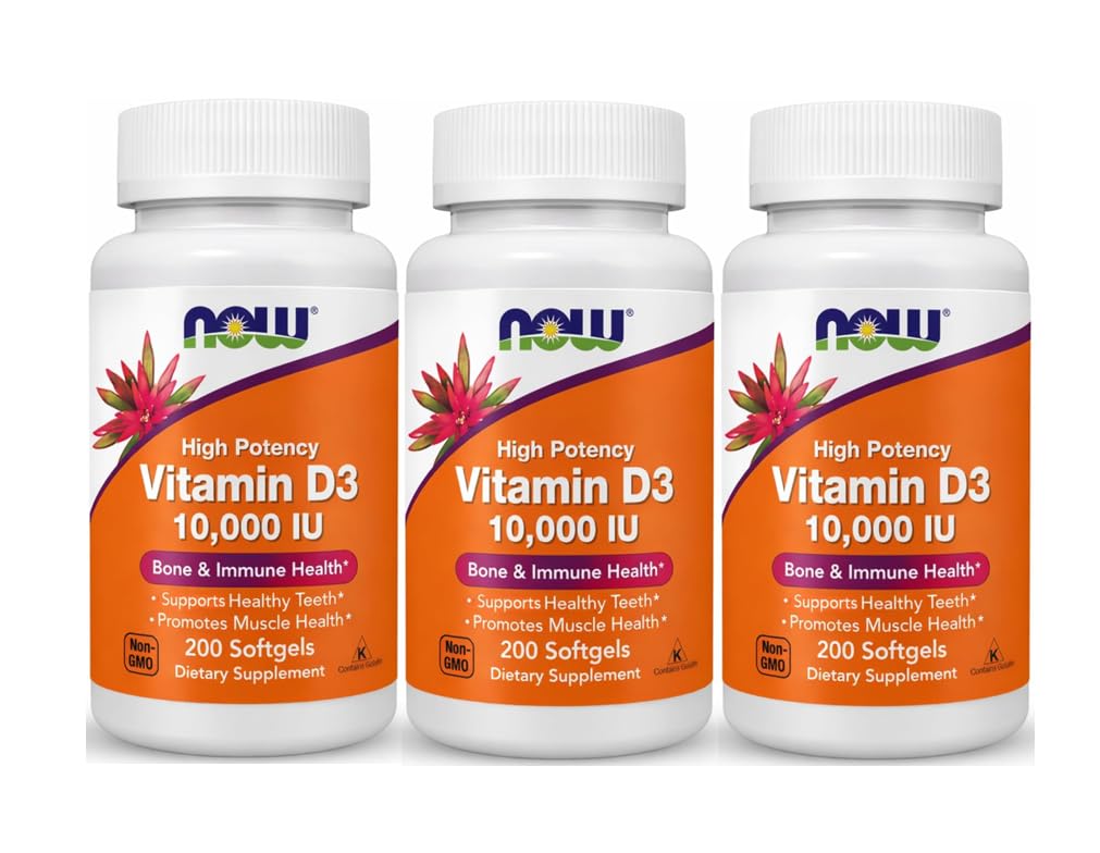 NOW Foods Supplements, Vitamin D-3 10,000 IU, Highest Potency, Structural Support*, 200 Softgels 200 Count Pack of 3
