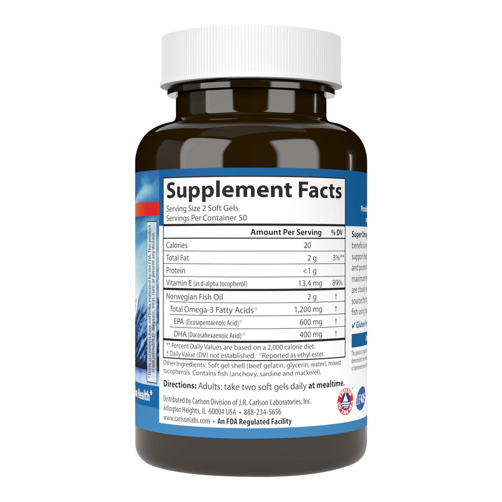 Carlson Super Omega-3 Gems, 1200 mg, Omega-3s, 100 Softgels