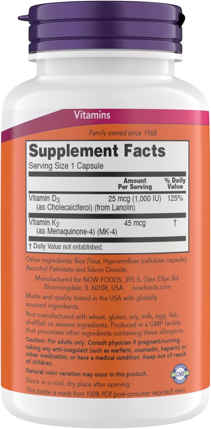 Now Supplements Vitamin D3 K2, 1,000 IU/45 mcg, Cardiovascular Support, Supports Bone Health, 180 Vegetarian Capsules - Vegan, Gluten Free, Kosher Vitamin D3 and K2 Supplements (2)