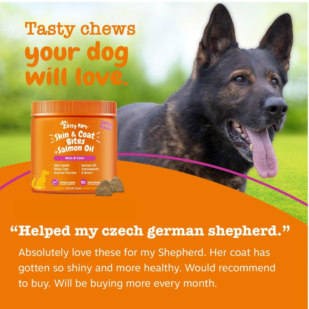 Zesty Paws Salmon Oil for Dogs Skin and Coat, Omega 3 Fish Oil Chews, Dog Allergy Relief Chews, Itch Relief Supplement, 90 Count, Salmon Flavor