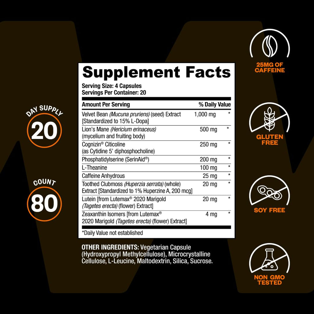 ONNIT Alpha Brain Black Label Capsules, IGEN Non-GMO Tested Citicoline Brain Supplement for Concentration and Memory, Lion’s Mane, Lutemax Lutein, L Theanine and Mucuna Pruriens, 80 Count