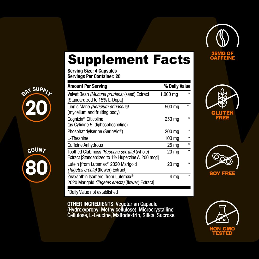 ONNIT Alpha Brain Black Label Capsules, IGEN Non-GMO Tested Citicoline Brain Supplement for Concentration and Memory, Lion’s Mane, Lutemax Lutein, L Theanine and Mucuna Pruriens, 80 Count