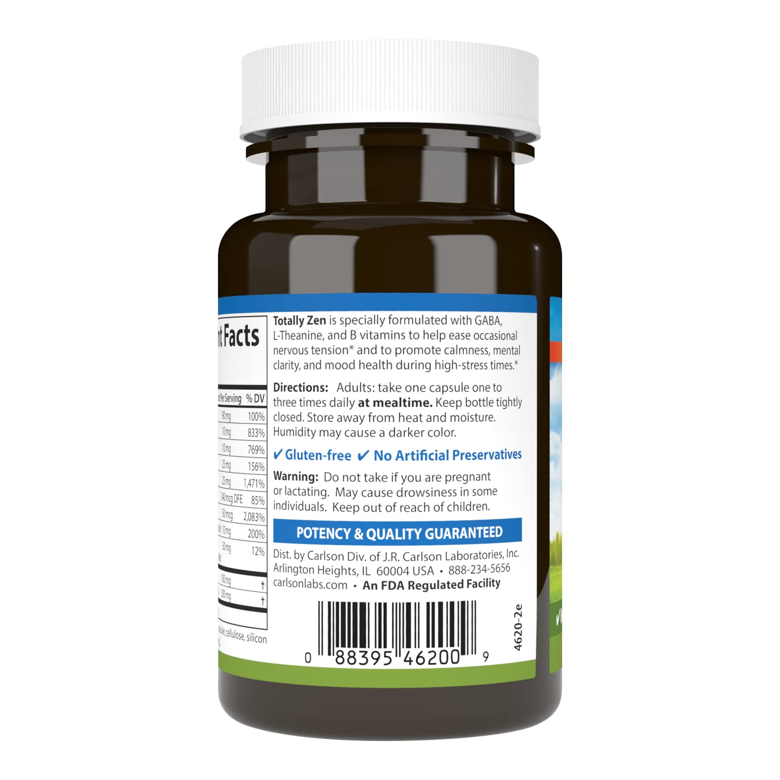 Carlson Totally Zen, GABA, L-Theanine, 30 Capsules