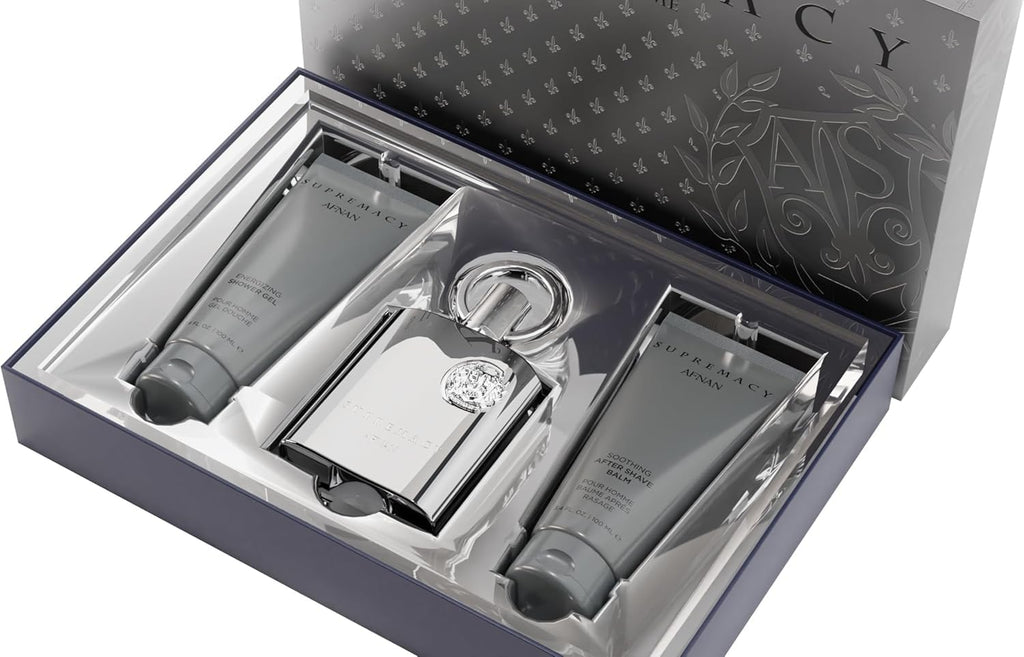 Afnan Supremacy Silver Perfume Gift Set - Eau De Parfum (3.4 Oz), Shower Gel (3.4 oz), After Shave Balm (3.4 oz)