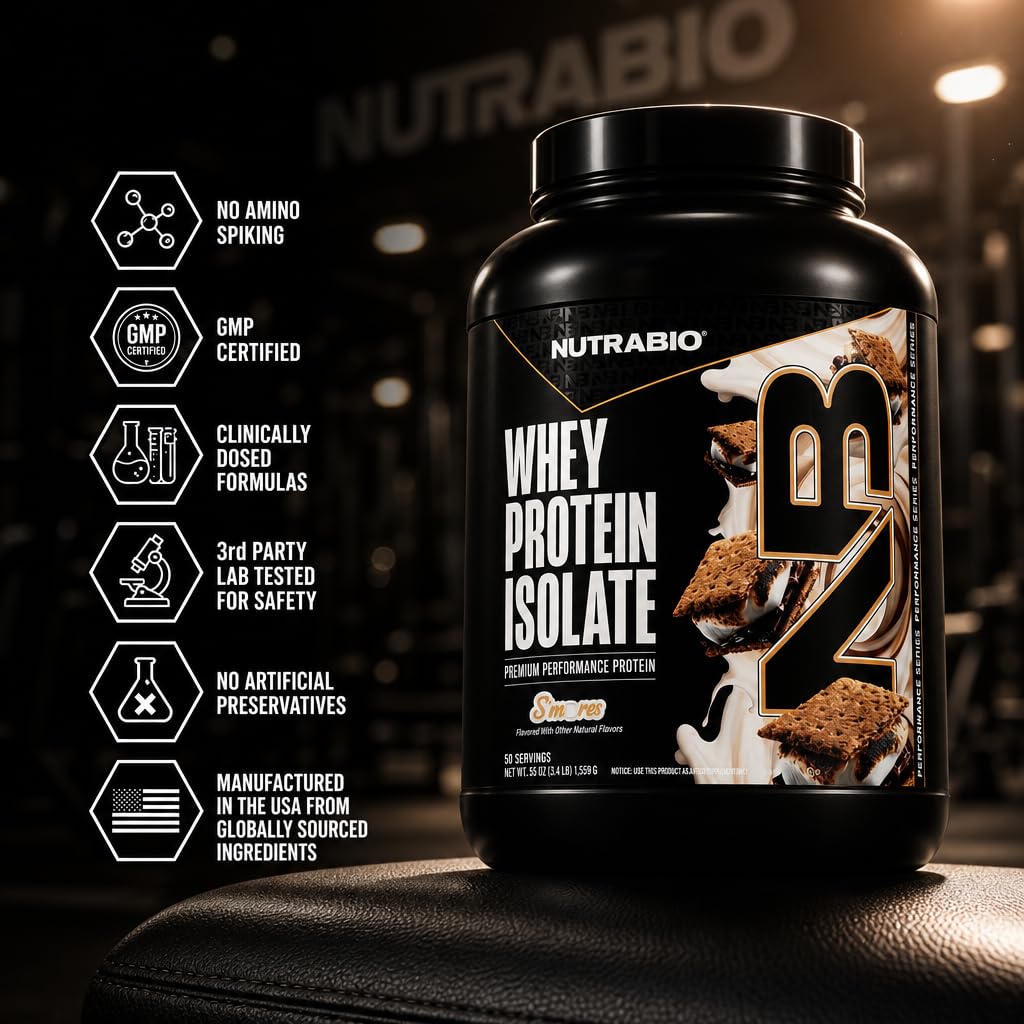 NutraBio 100% Whey Protein Isolate Protein Powder, 25g Protein with Complete Amino Acid Profile, Non-GMO, Soy & Gluten Free, Low Carb, Low Calorie, S'Mores, 50 Servings