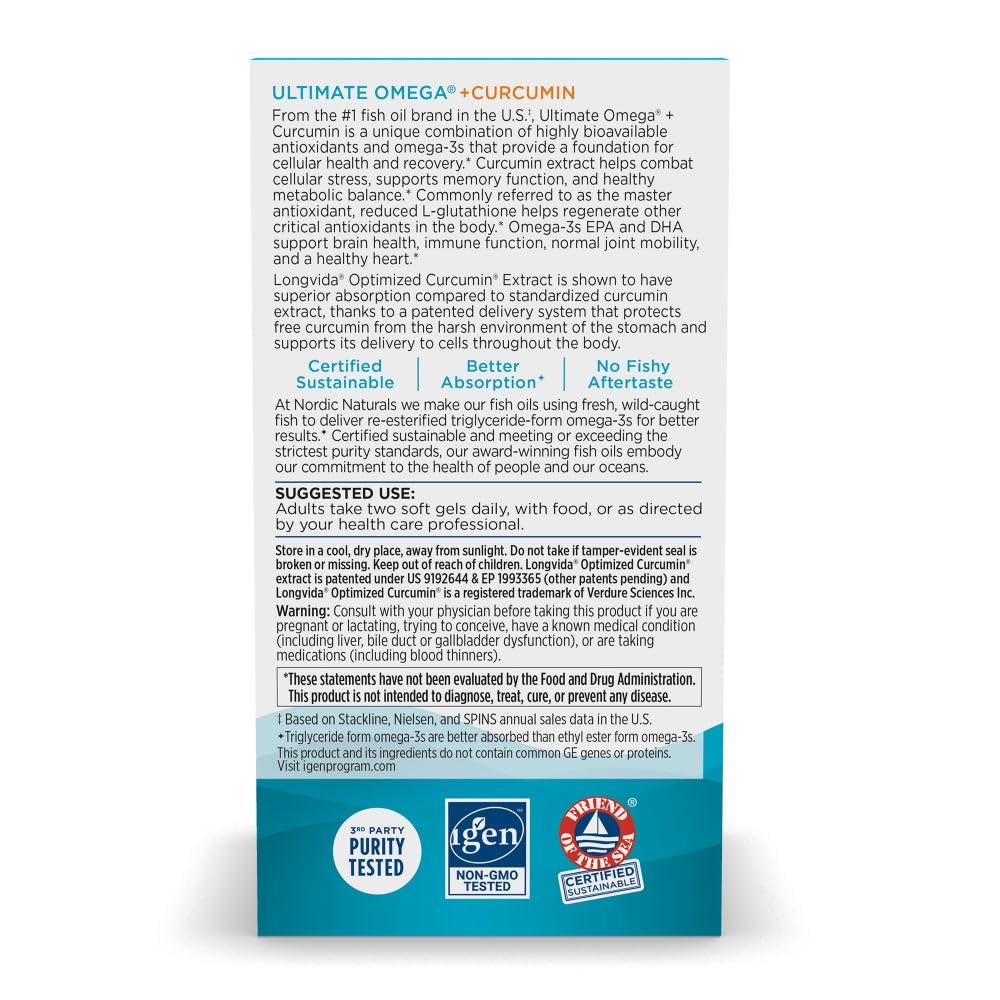 Nordic Naturals Omega Curcumin, Lemon - 60 Soft Gels - 1200 mg Omega-3 + 400 mg Optimized Curcumin - Combats Cellular Stress - Non-GMO - 30 Servings