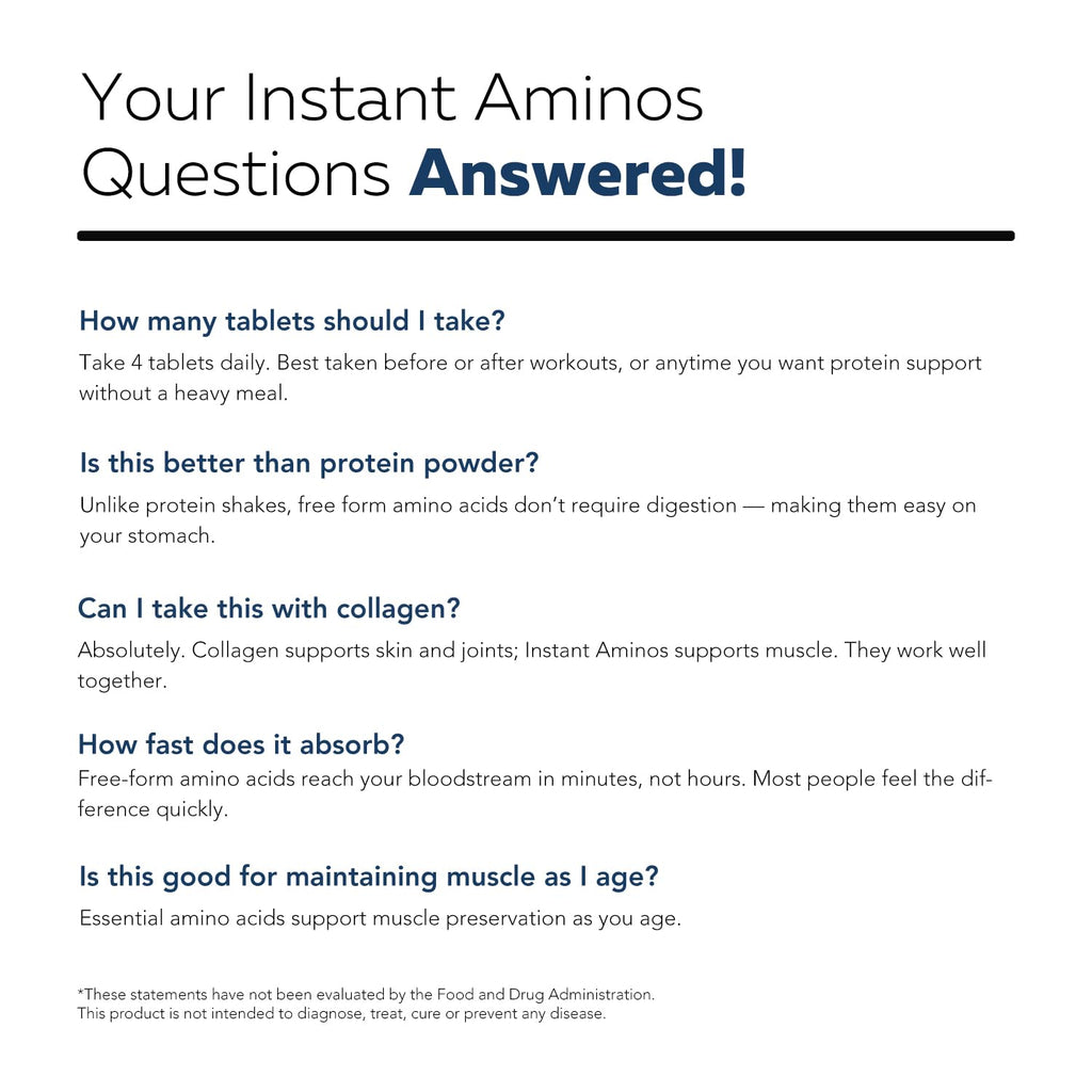 Instant Aminos Tablets - EAA+BCAA - 9 Essential Amino Acids Supplement - Rapid Absorption, No Digestion Required - Supports Lean Muscle, Recovery & Aging - 321% DIAAS Protein Score (1 month supply)