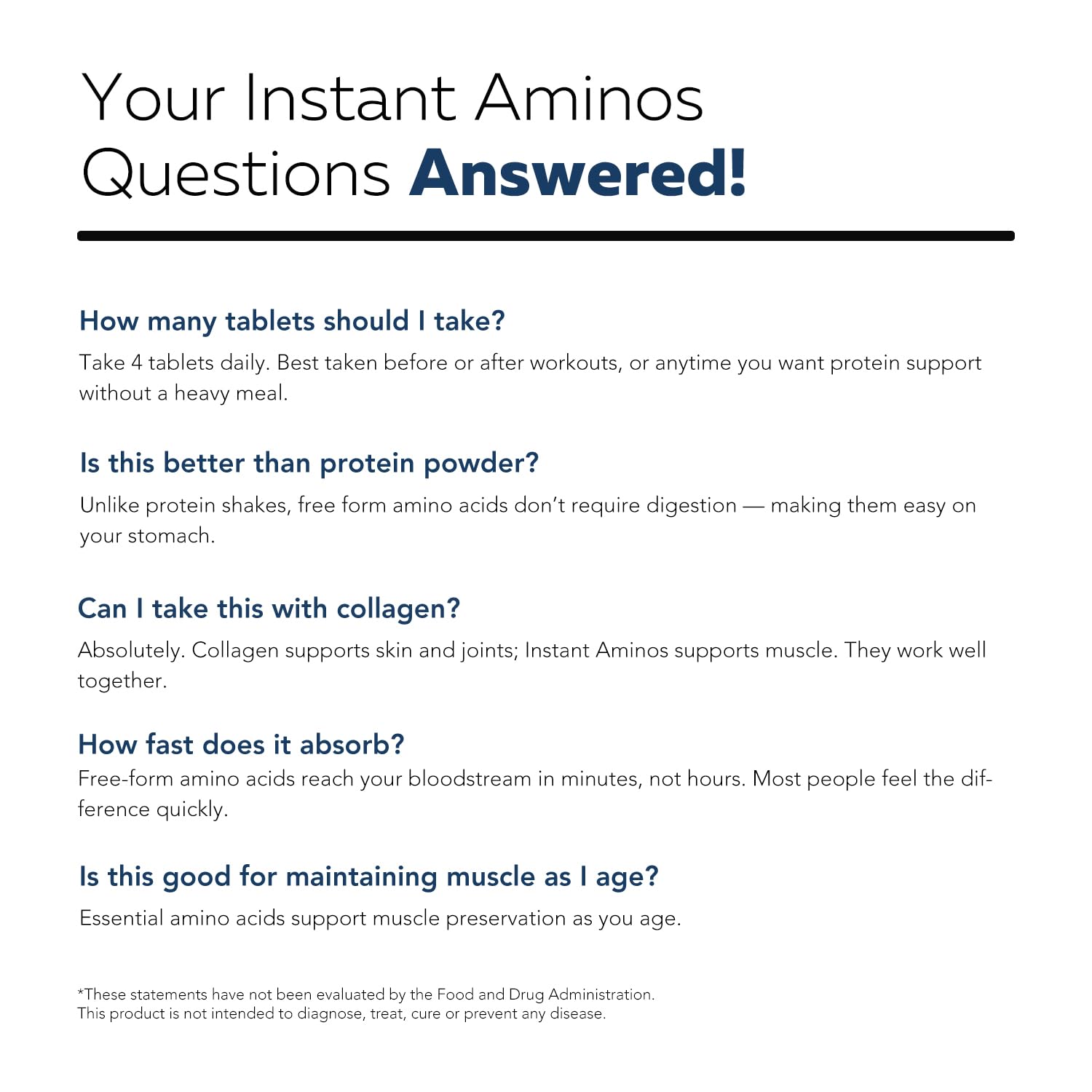 Instant Aminos Tablets - EAA+BCAA - 9 Essential Amino Acids Supplement - Rapid Absorption, No Digestion Required - Supports Lean Muscle, Recovery & Aging - 321% DIAAS Protein Score (1 month supply)