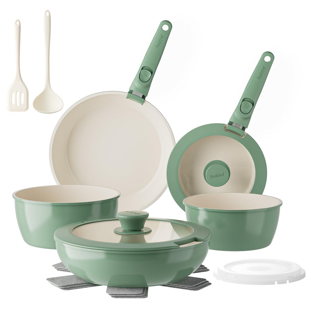 Redchef Ceramic Nonstick Pans and Pots Set, Ceramic Cookware Set with Detachable Handles16Pcs, Induction Dishwasher Oven Safe Kitchen Cooking Set, PFAS PFOA & PTFE Free, Green