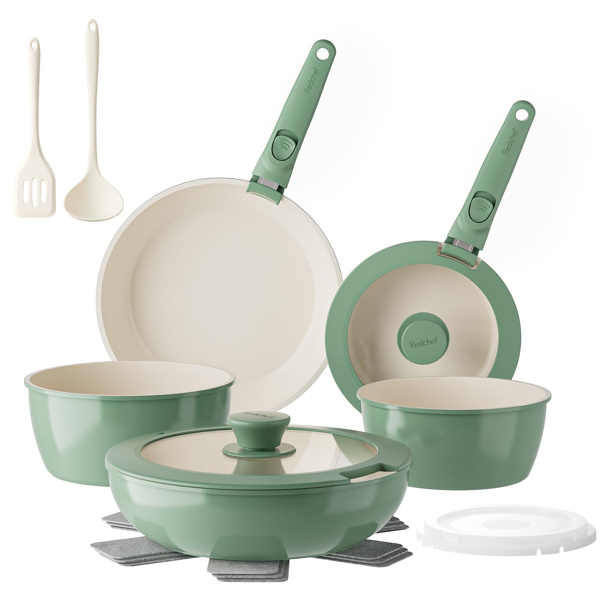 Redchef Ceramic Nonstick Pans and Pots Set, Ceramic Cookware Set with Detachable Handles16Pcs, Induction Dishwasher Oven Safe Kitchen Cooking Set, PFAS PFOA & PTFE Free, Green