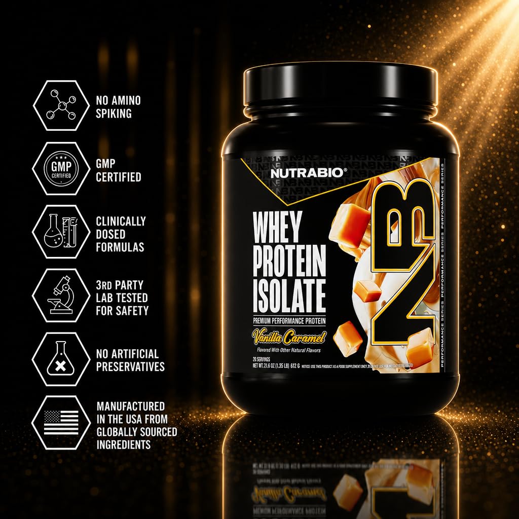 NutraBio 100% Whey Protein Isolate Protein Powder, 25g Protein with Complete Amino Acid Profile, Non-GMO, Soy & Gluten Free, Low Carb, Low Calorie Whey Protein Powder, Vanilla Caramel, 20 Servings