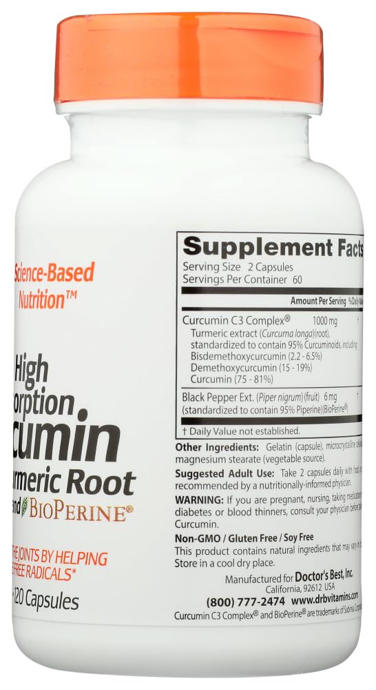 Doctor's Best Curcumin C3 Complex with BioPerine Capsules, 500 mg, 120 Count