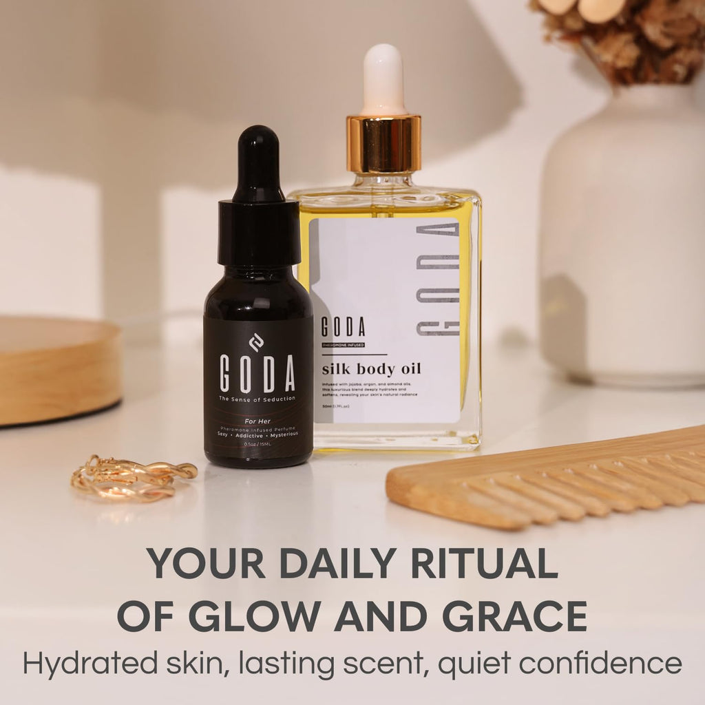 GODA Pheromones Perfume for Women + Silk Body Oil Bundle – Long-Lasting Floral Fragrance with Jasmine & Rose + Firming Anti-Aging Hydrating Body Oil 100ml – Vegan, Cruelty-Free, Luxury Gift Set, 15ml