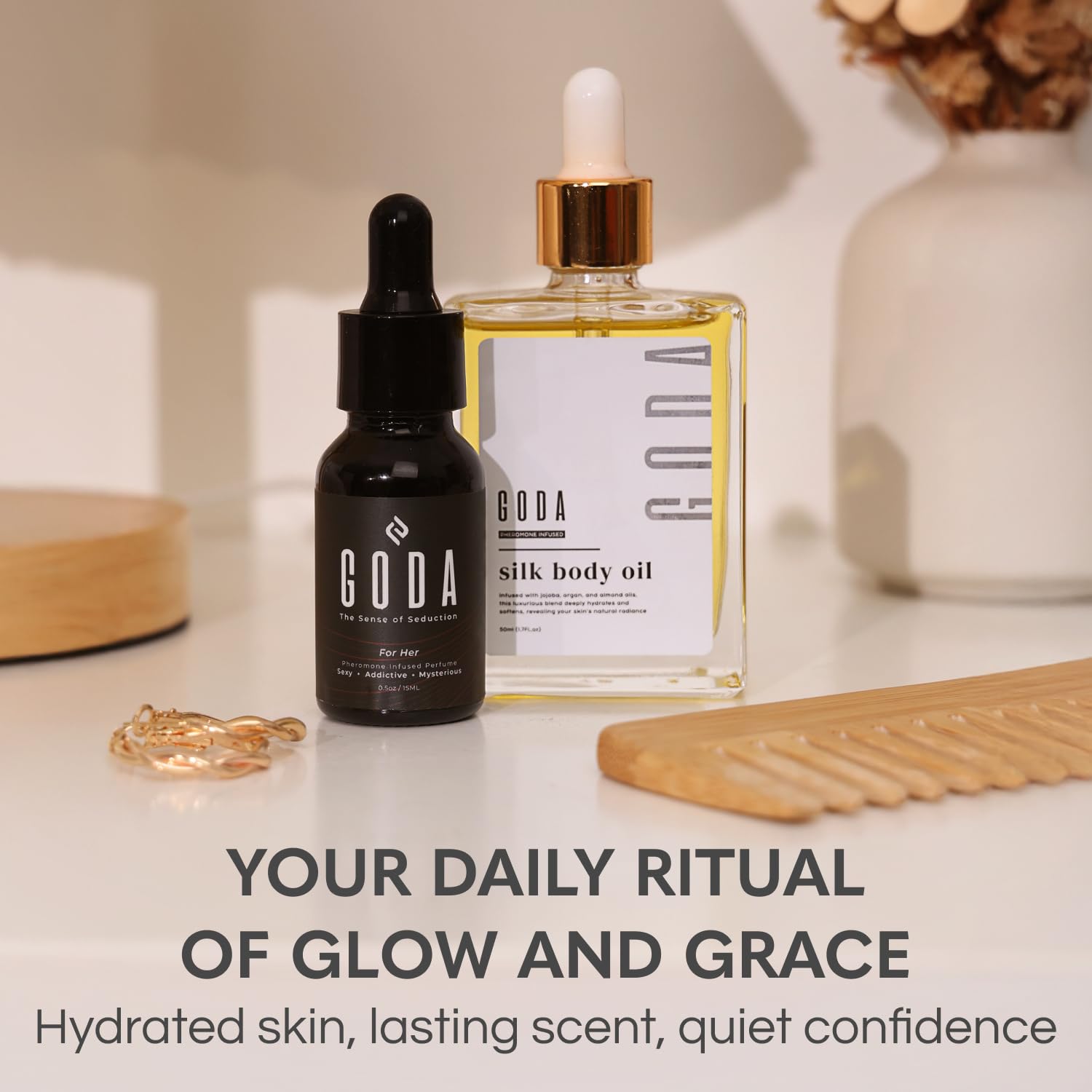 GODA Pheromones Perfume for Women + Silk Body Oil Bundle – Long-Lasting Floral Fragrance with Jasmine & Rose + Firming Anti-Aging Hydrating Body Oil 100ml – Vegan, Cruelty-Free, Luxury Gift Set, 15ml