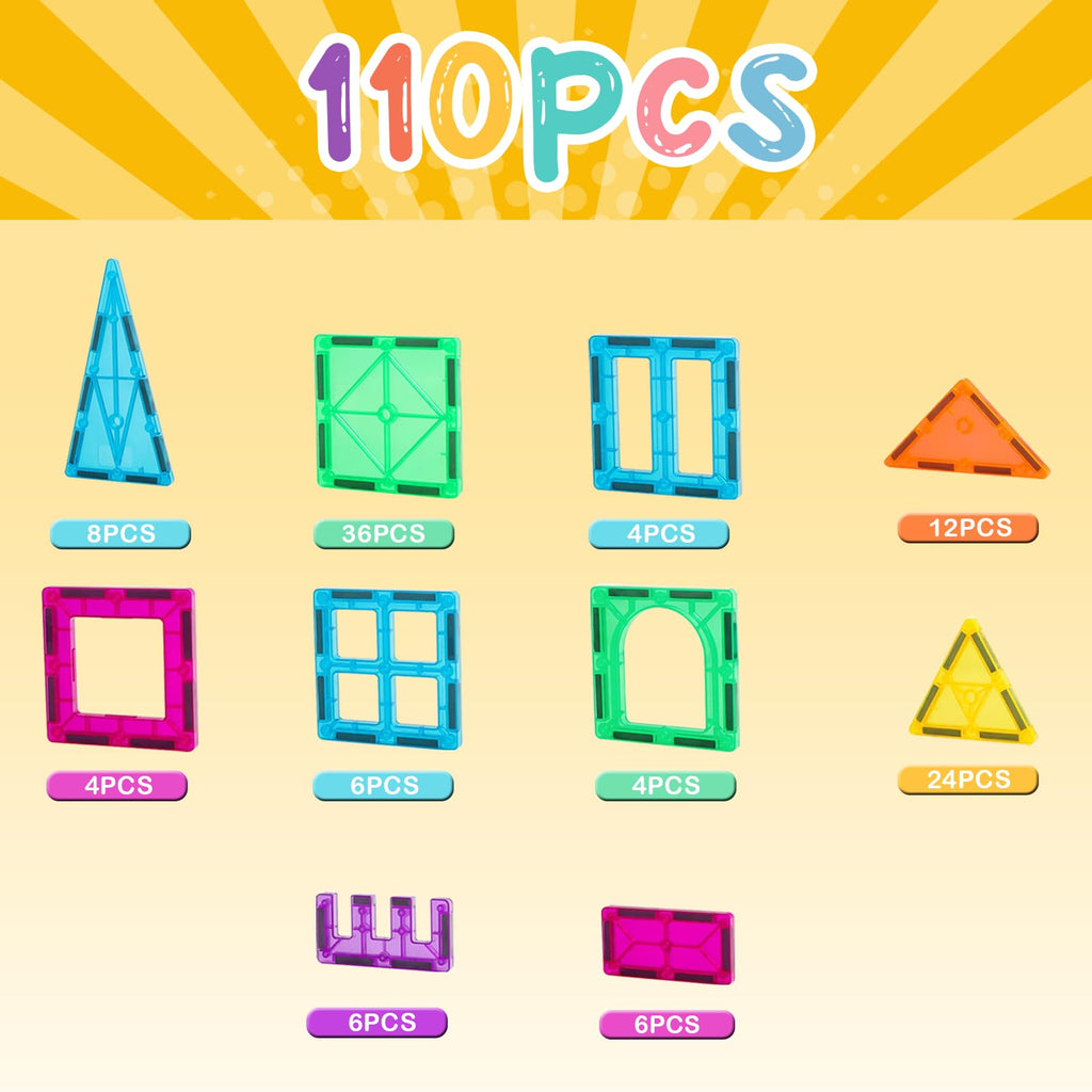 FNJO Magnetic Tiles, 110PCS Magnet Building Set, Magnetic Building Blocks, Construction STEM Learning and Playing Toys for Kids, Montessori Toy for Preschool Boys Girls