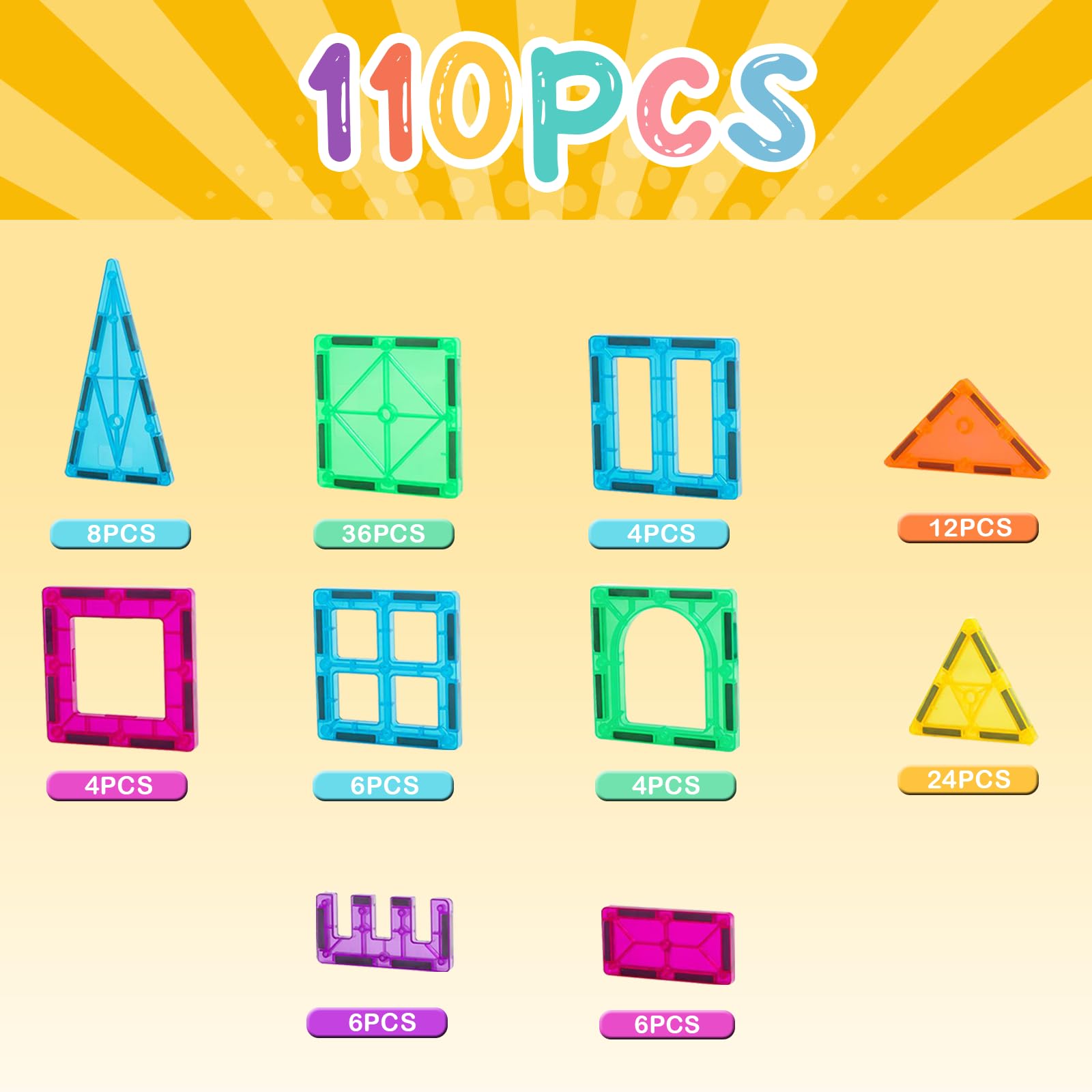 FNJO Magnetic Tiles, 110PCS Magnet Building Set, Magnetic Building Blocks, Construction STEM Learning and Playing Toys for Kids, Montessori Toy for Preschool Boys Girls