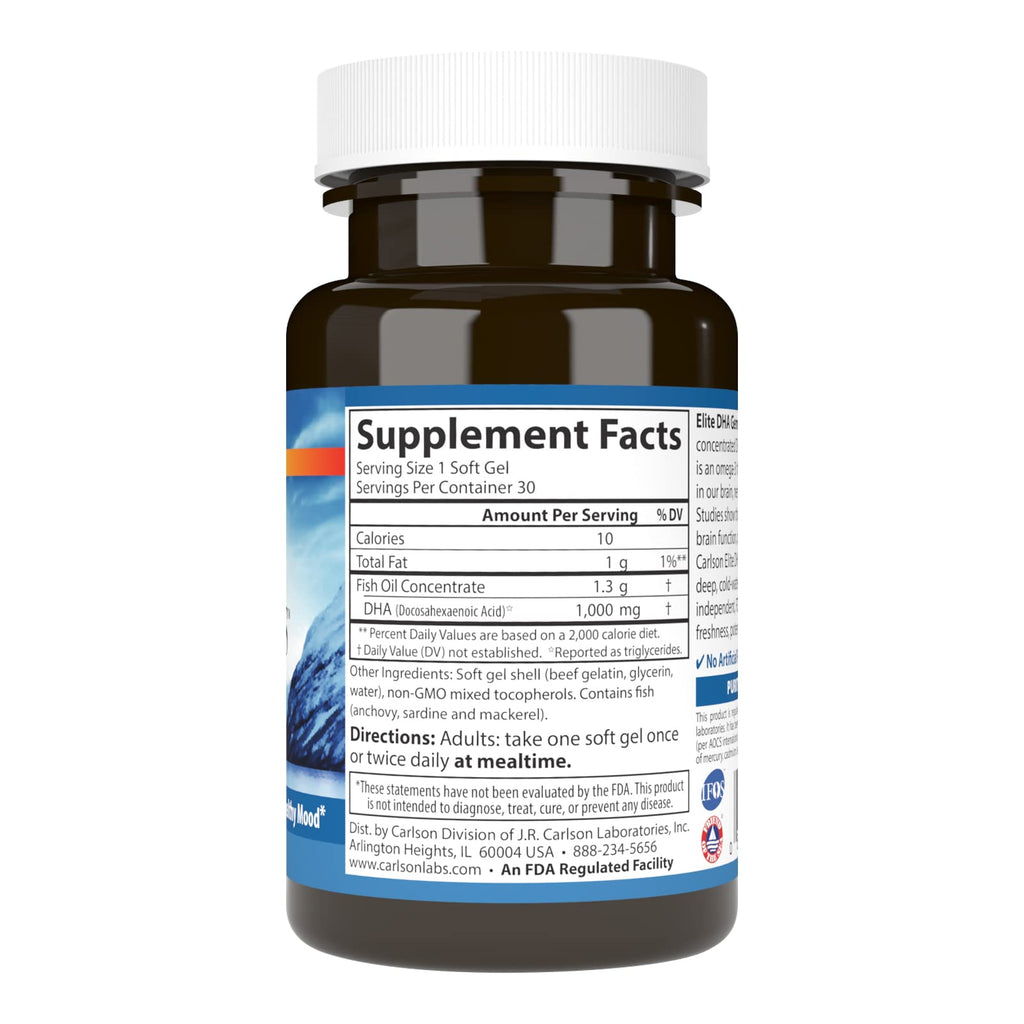 Carlson Elite DHA Gems, 1000 mg, DHA in a Single Soft Gel, 30 Soft Gels