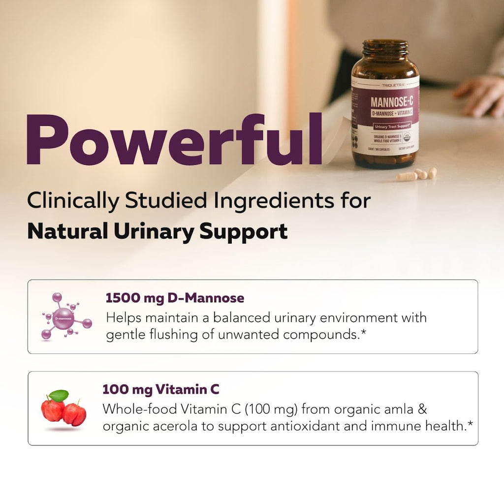 Mannose-C - Organic D-Mannose + Whole Food Vitamin C, Natural UTI Support Supplement to Flush & Cleanse Urinary Tract, Certified Organic Urinary Health for Women, Vegan, Non-GMO (180 Count)