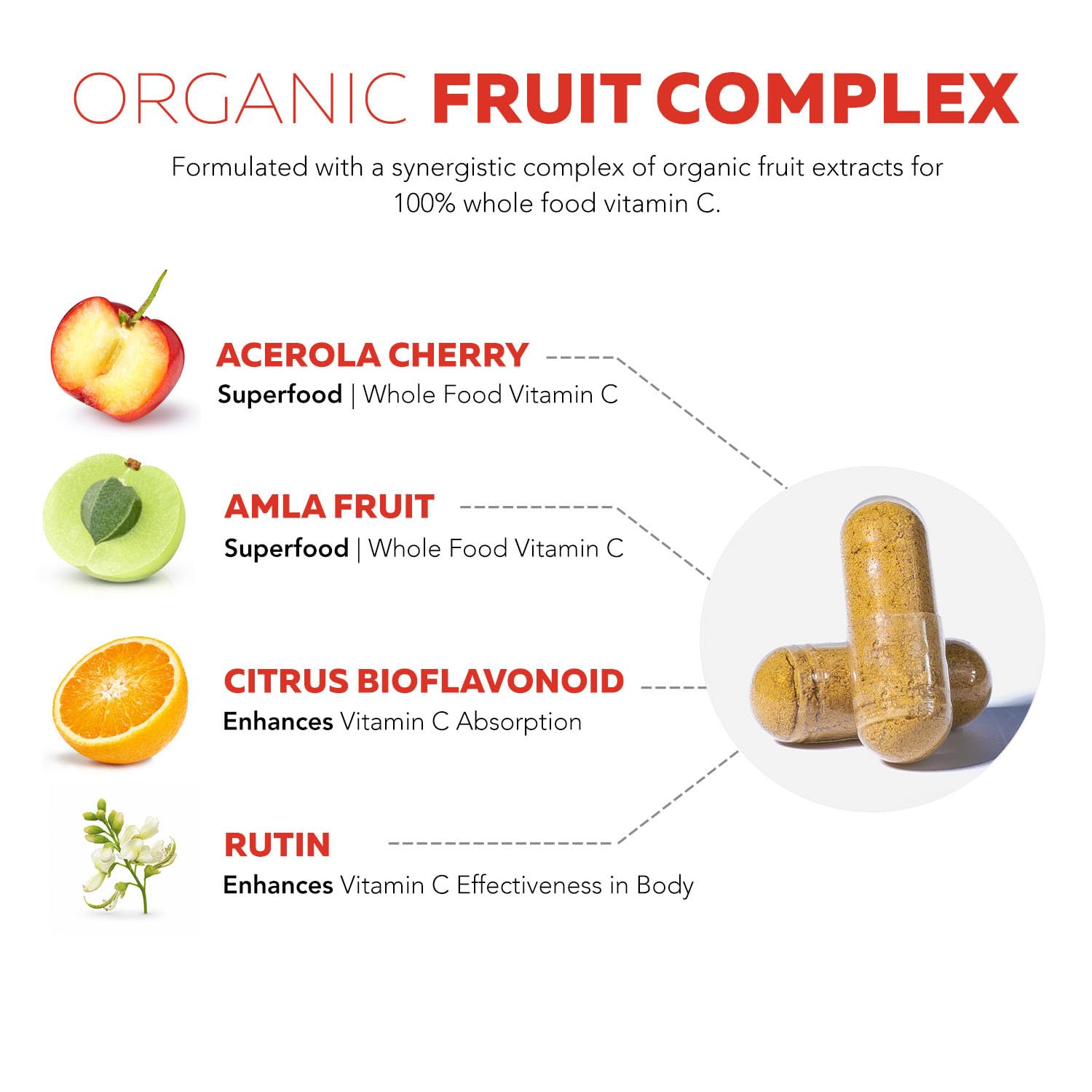 Organic Vitamin C | Whole Food Vitamin C from Fruit Plus Absorption Enhancing Cofactors - Vegan, Enhanced Bioavailability - Immune Support, Antioxidant, Total Health (90 Servings)