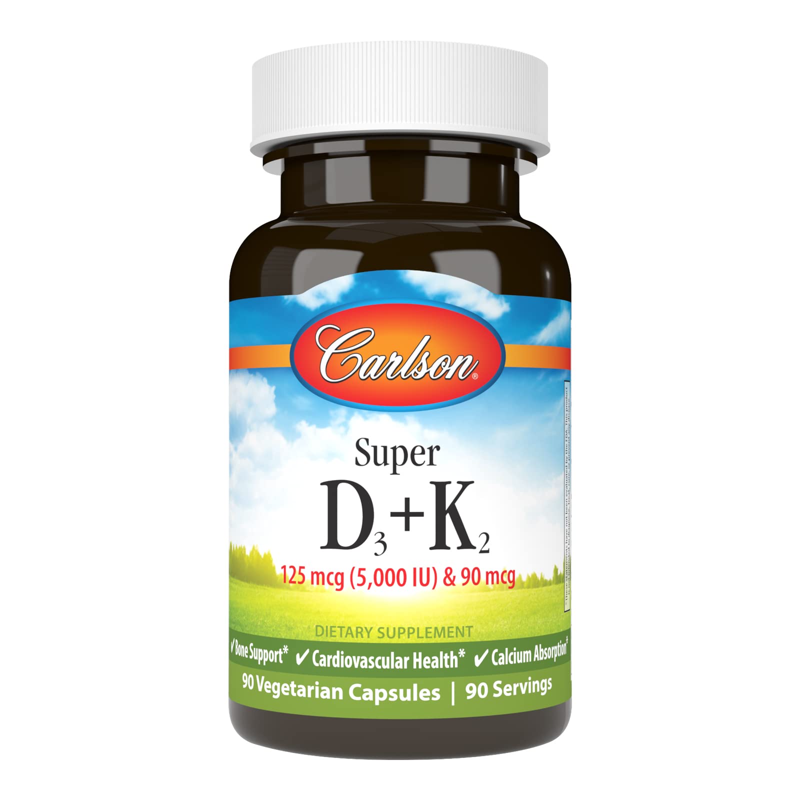 Carlson Super D3 + K2, 125 mcg (5000 IU), 90 Vegetarian Capsules
