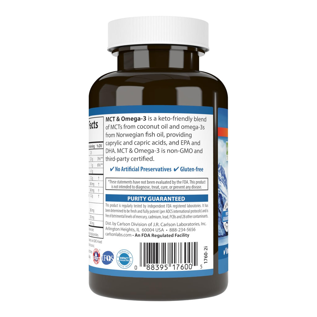 Carlson MCT & Omega-3, Keto-Friendly, Coconut Oil, 60 Softgels