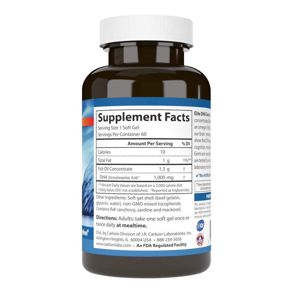 Carlson Elite DHA Gems, 1000 mg, DHA in a Single Soft Gel, 60 Soft Gels