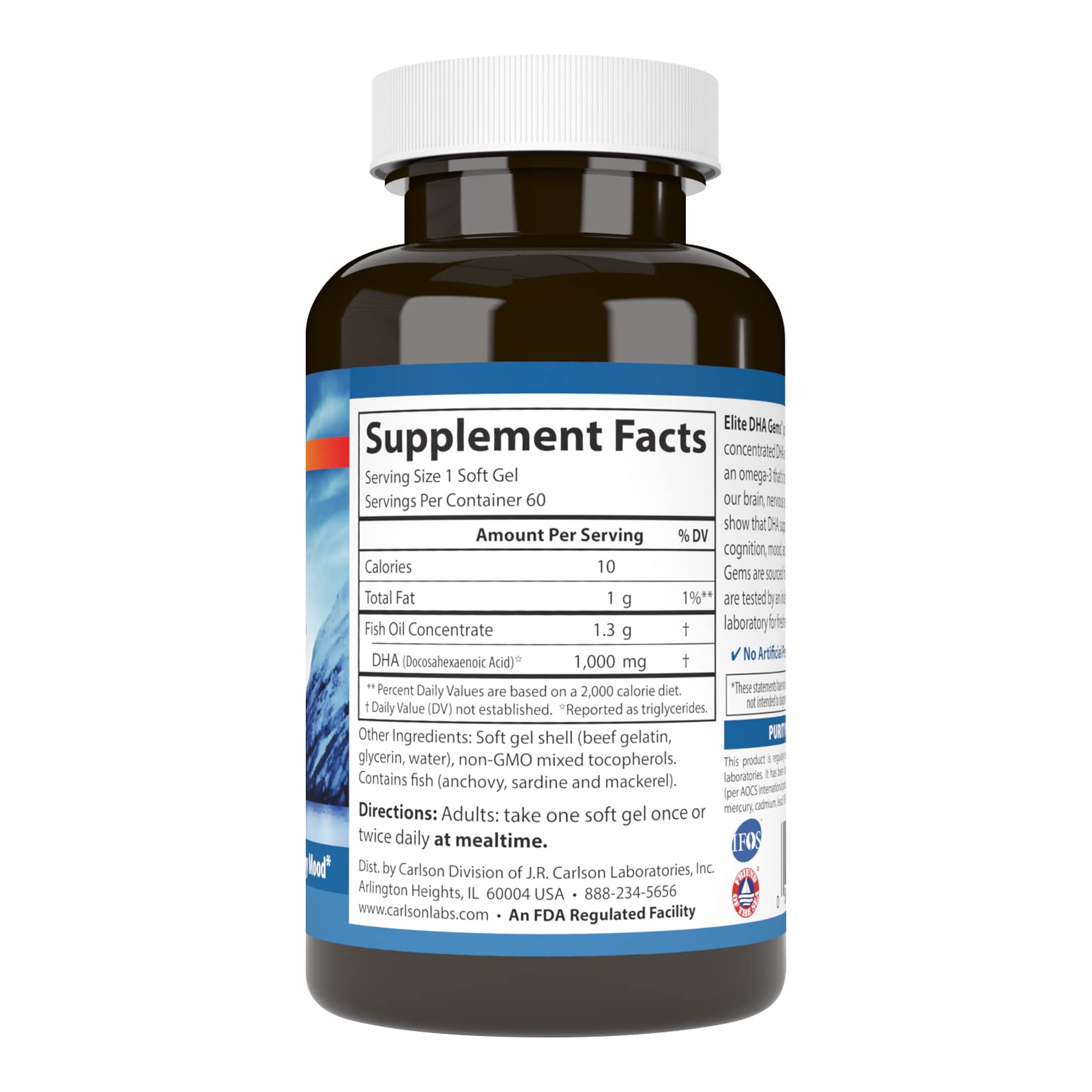 Carlson Elite DHA Gems, 1000 mg, DHA in a Single Soft Gel, 60 Soft Gels