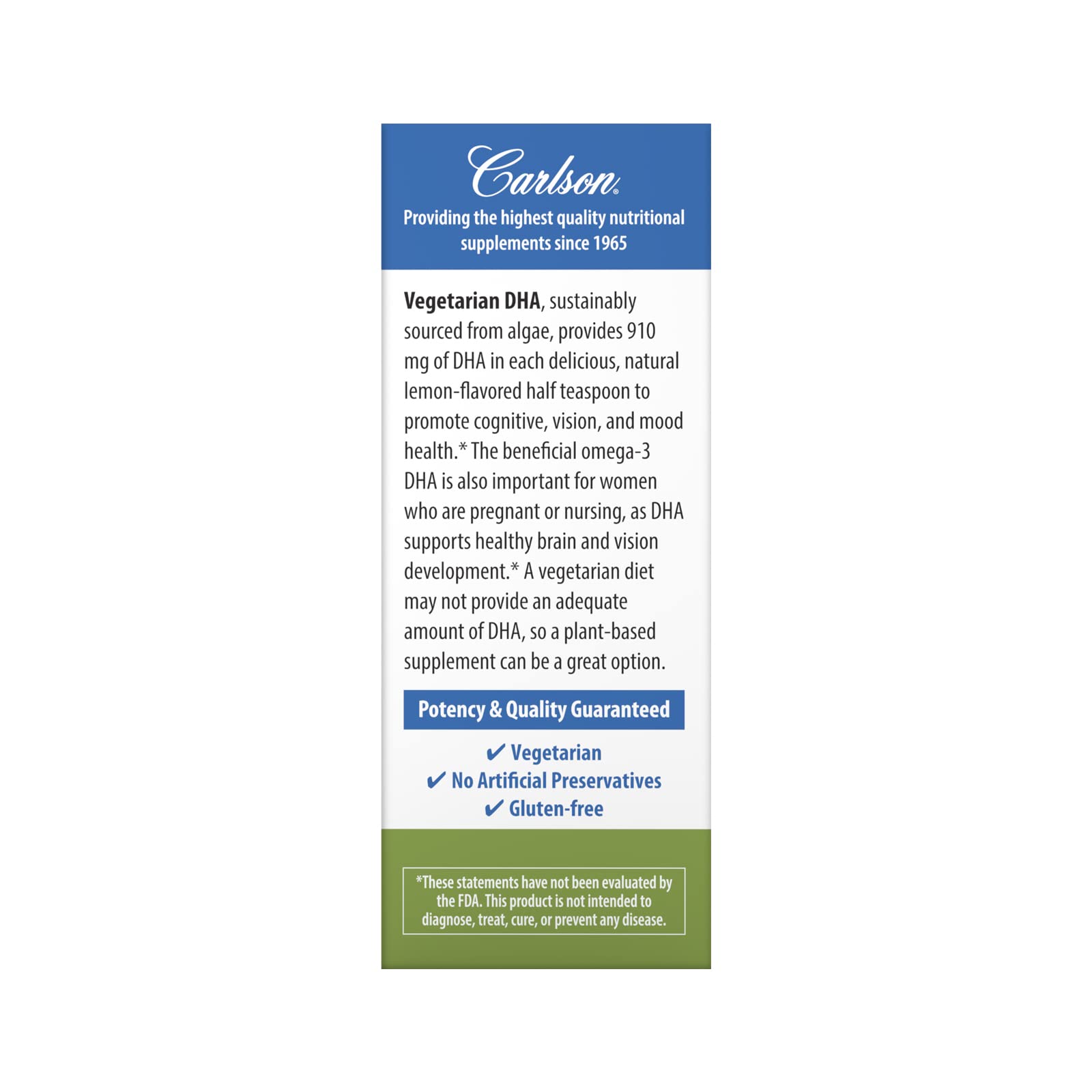 Carlson Vegetarian DHA, 910 mg, DHA, Plant-Based, Lemon, 60 mL (2 Fl oz)