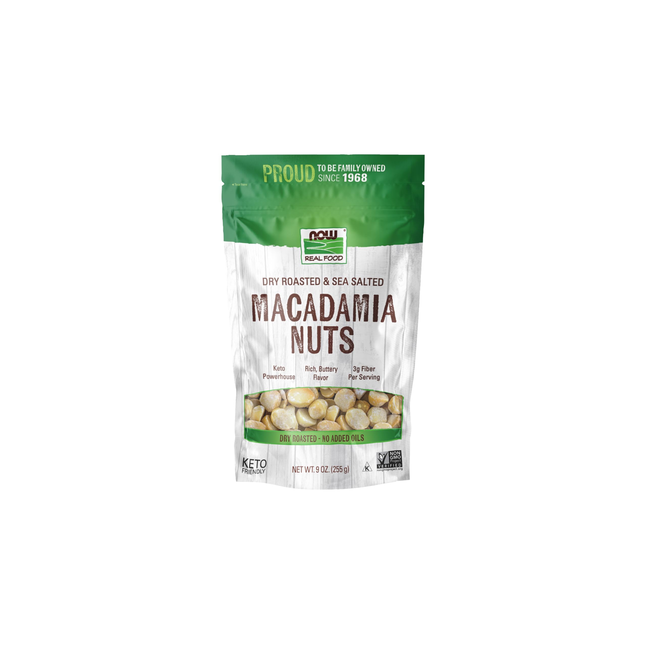 NOW Foods, Macadamia Nuts, Dry Roasted with Sea Salt, Source of Fiber, Gluten-Free and Certified Non-GMO, 9-Ounce (Packaging May Vary)