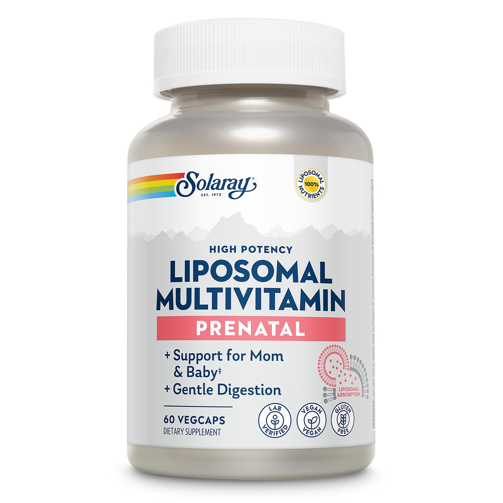 SOLARAY Liposomal Multivitamin Prenatal - Support for Mom & Baby with Prenatal Vitamins for Women, Folic Acid & Iron - High Potency, Gentle Digestion - 60-Day Guarantee - 30 Servings, 60 VegCaps