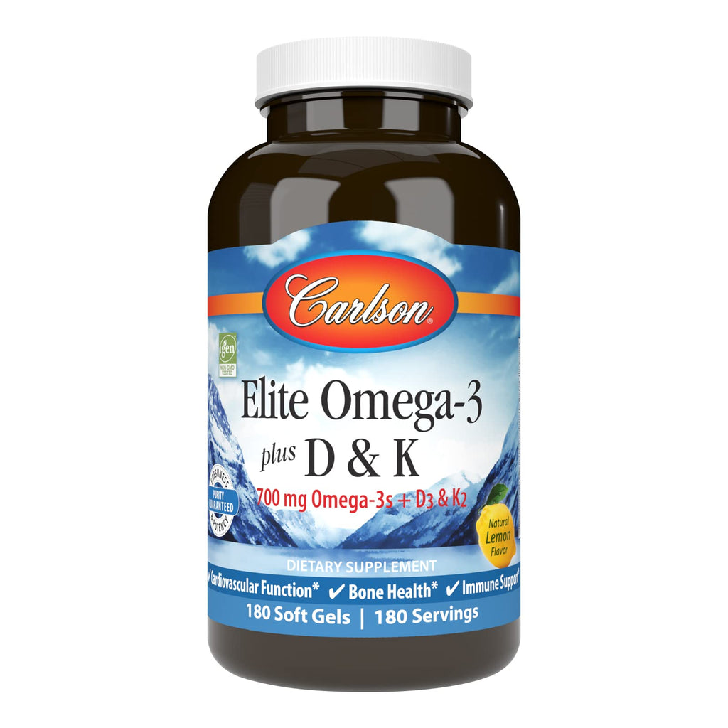Carlson Elite Omega-3 Plus D & K, 700 mg, Omega-3s, Lemon, 180 Softgels