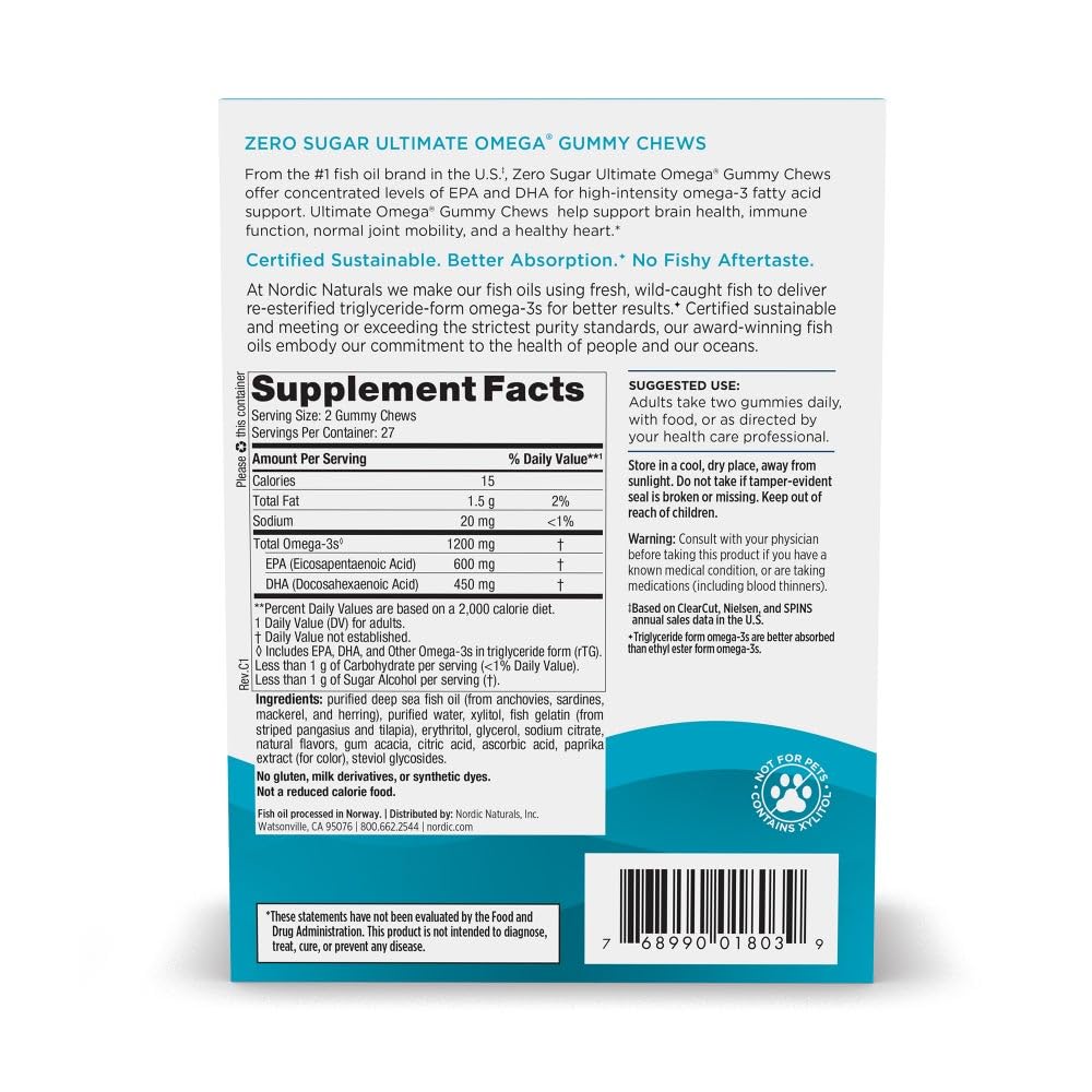 Nordic Naturals Zero Sugar Ultimate Omega Gummy Chews - Tropical Fruit - 54 Gummy Chews - Non GMO - Optimal Wellness - 27 Servings