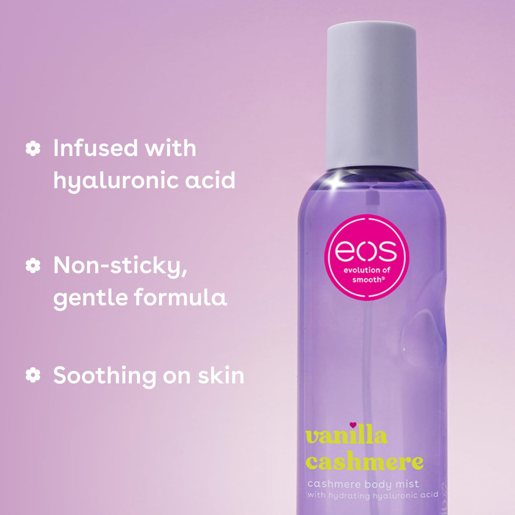 eos Cashmere Body Mist, Vanilla Cashmere, soft musk, cozy caramel, hair mist, body spray for women, moisturizing, hyaluronic acid, body spray, vegan, cruelty-free, 6 fl oz