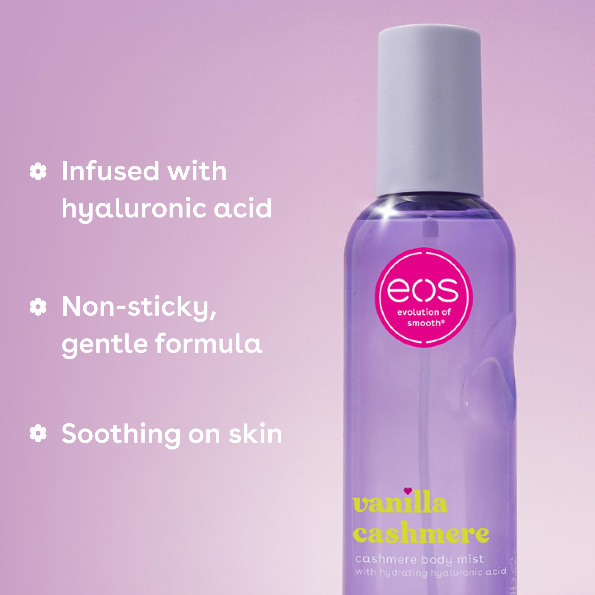 eos Cashmere Body Mist, Vanilla Cashmere, soft musk, cozy caramel, hair mist, body spray for women, moisturizing, hyaluronic acid, body spray, vegan, cruelty-free, 6 fl oz