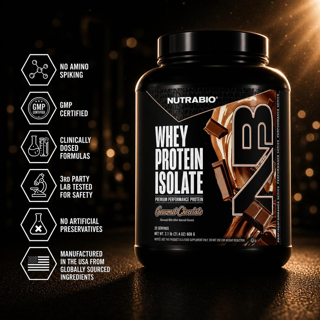 NutraBio 100% Whey Protein Isolate Protein Powder, 25g Protein with Complete Amino Acid Profile, Non-GMO, Soy & Gluten Free, Low Carb, Low Calorie Whey Protein Powder, Gourmet Chocolate, 20 Servings