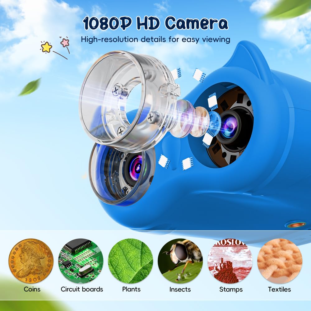 2-in-1 Kids Microscope Telescope, Temodu 2.0" 1000X Digital Microscope for Kids, HD Portable Education Telescope for Kids Birthday Festival Gift, Science Fun Toys for Children Age 4-12 (Blue)