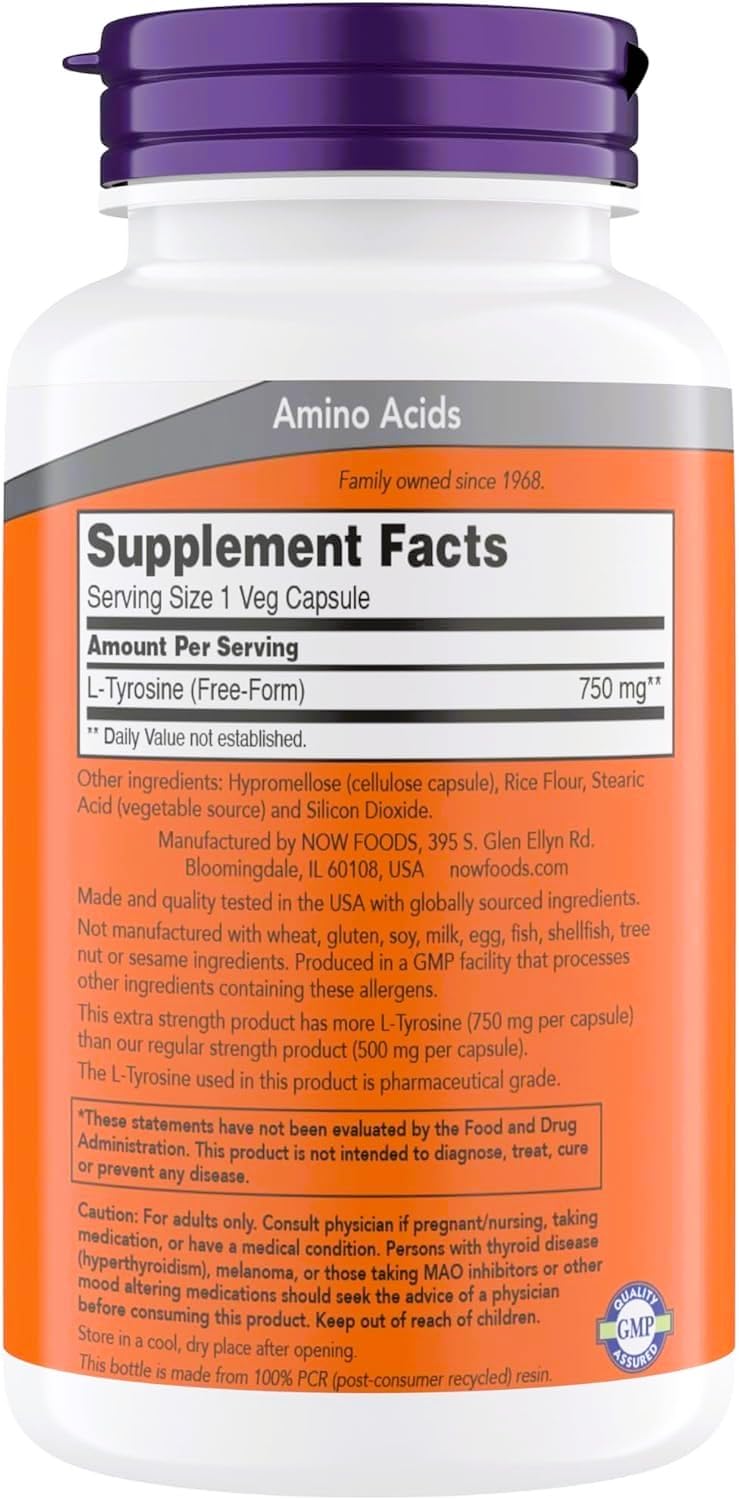Now Supplements, L-Tyrosine 750 mg, Supports Mental Alertness, Neurotransmitter Support, 180 Veg Capsules
