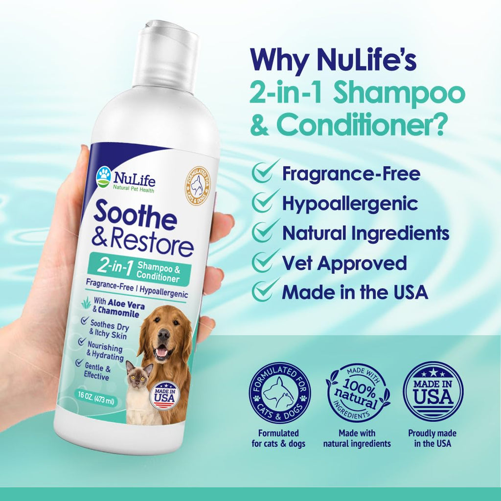 2-in-1 Dog Shampoo and Conditioner with Soothing Aloe Vera & Chamomile, Sensitive Skin, Fragrance-Free, Hypoallergenic Formula Provides Itchy Skin Relief from Dry Skin & Allergies - 16oz