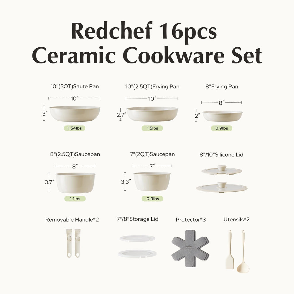 Redchef Ceramic Pots and Pans Set, Nonstick Kitchen Cookware Set with Detachable Handle, Non Toxic Cookware Set 16pcs, PFAS PFOA & PTFE Free, RV Ceramic Cookware for Camping, Dishwasher/Oven Safe