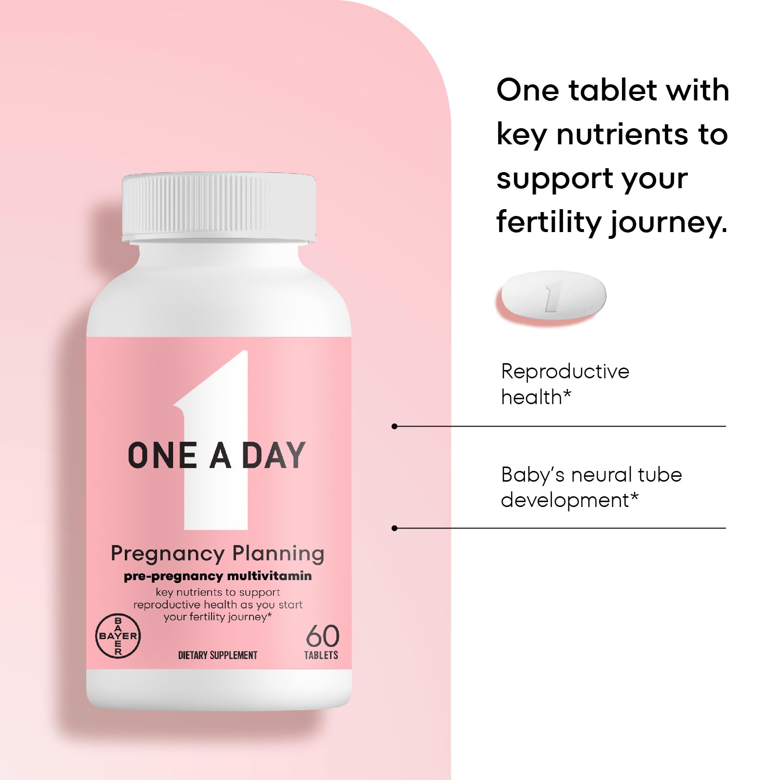 One A Day Pregnancy Planning Prenatal Multivitamin for Women, Pre Pregnancy Vitamins for Women with Methylfolate, Folic Acid, Zinc, Vitamin B12 & Vitamin D to Support Reproductive Health, 60 Tablets