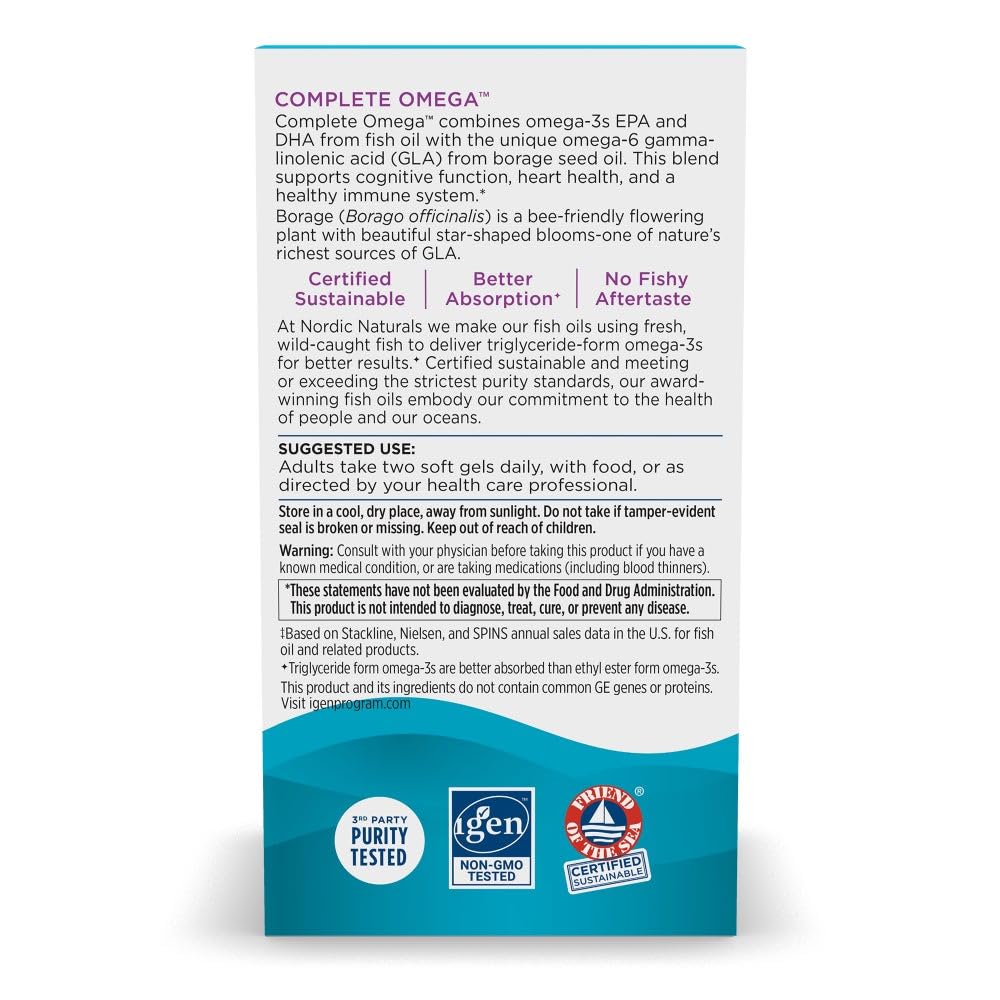 Nordic Naturals Complete Omega, Lemon Flavor - 180 Soft Gels - 565 mg Omega-3 - EPA & DHA with Added GLA - Healthy Skin, Cognition, & Positive Mood - Non-GMO - 90 Servings
