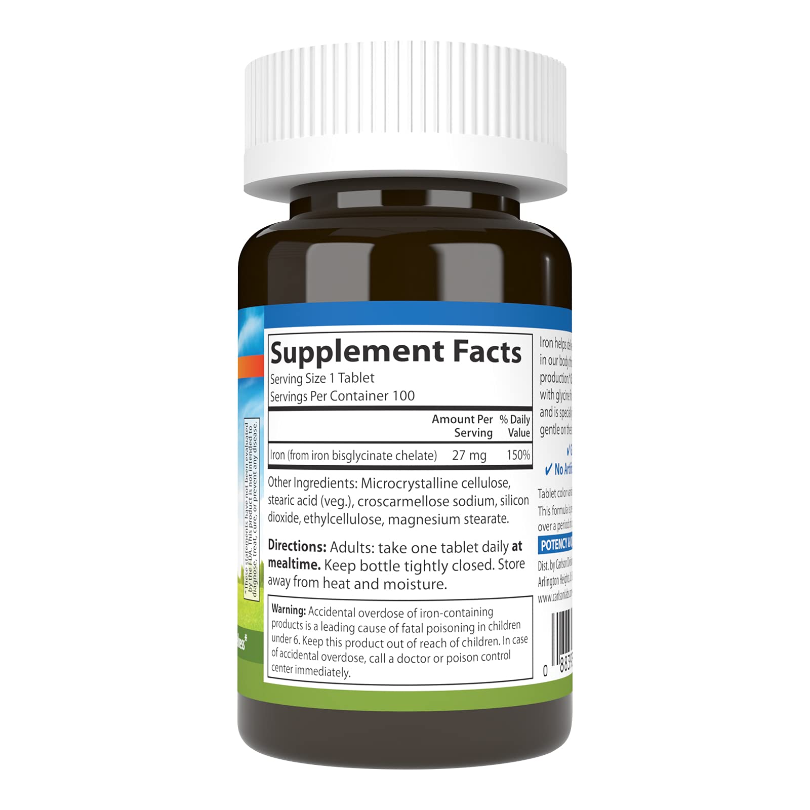 Carlson Chelated Iron, 27 mg, Superior Absorption, 100 Tablets