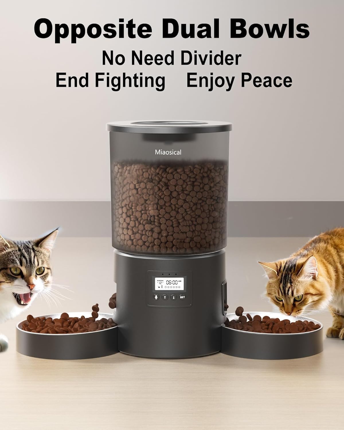 Dual Automatic Cat Feeder 2 Cats, 4.2L Dry Food Auto Dispenser with Double Stainless Steel Bowls,Dual Power Supply,Programmable Portion Control,10s Voice Recorder (Transparent Black)