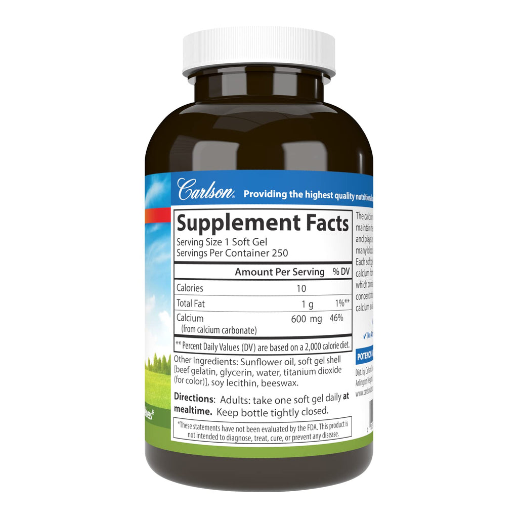 Carlson Cal-600, 600 mg, Calcium, Liquid Filled, 250 Softgels