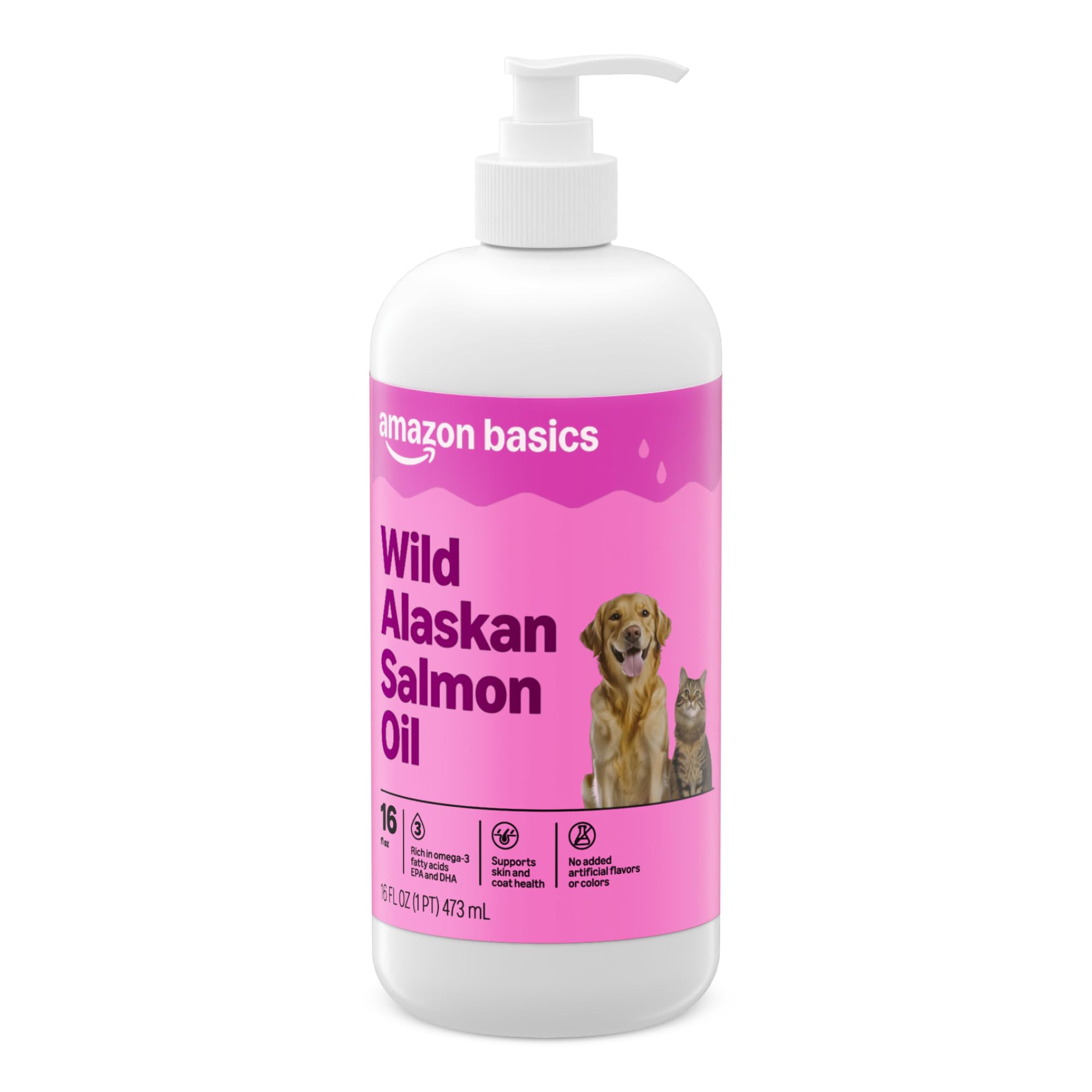Amazon Basics Wild Alaskan Salmon Oil - Skin and Coat Support, Omega 3 Supplement for Dog and Cat, 16 fl oz (Previouly Wonder Bound)
