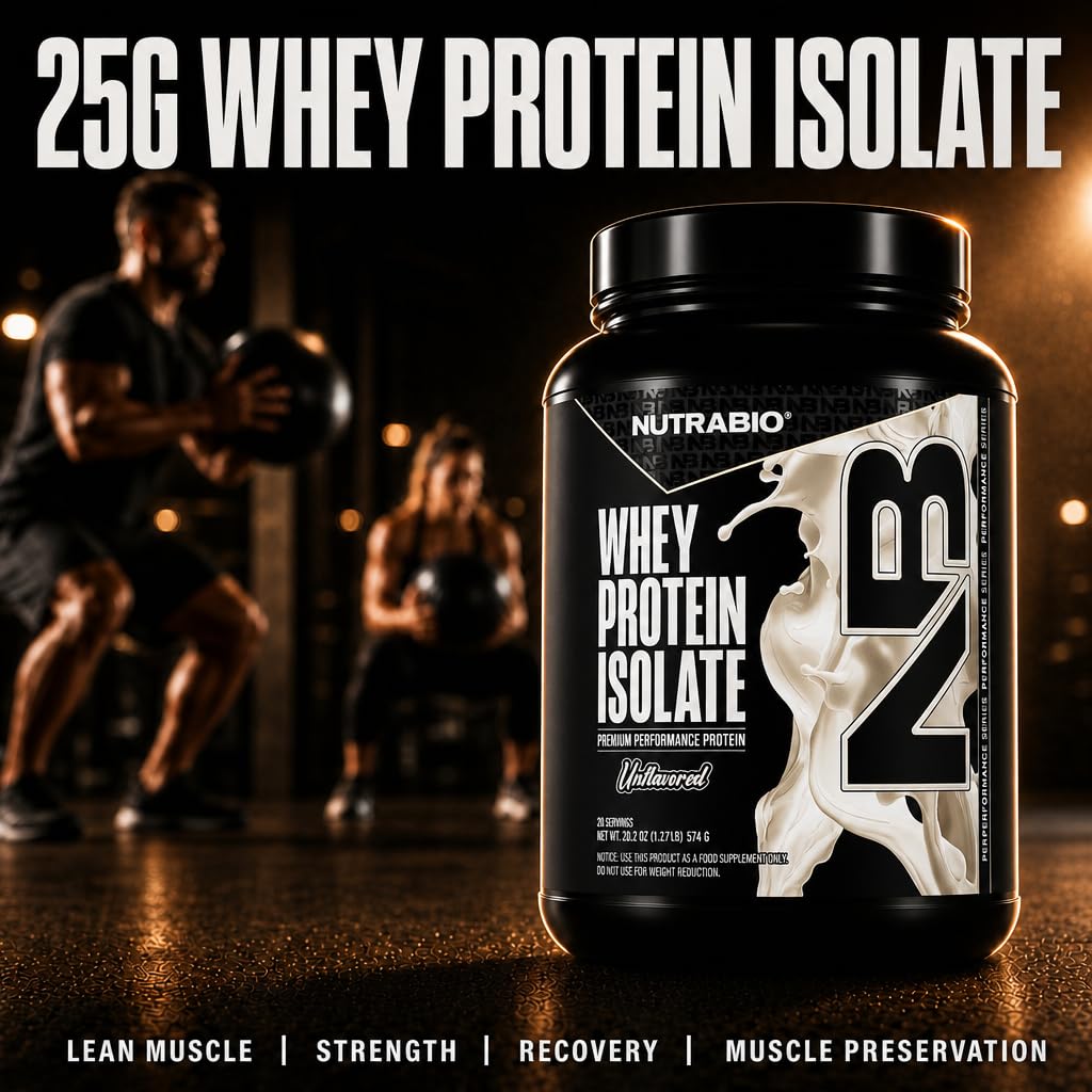NutraBio 100% Whey Protein Isolate Protein Powder, 25g Protein with Complete Amino Acid Profile, Non-GMO, Soy & Gluten Free, Low Carb, Low Calorie Whey Protein Powder, Raw Unflavored, 20 Servings