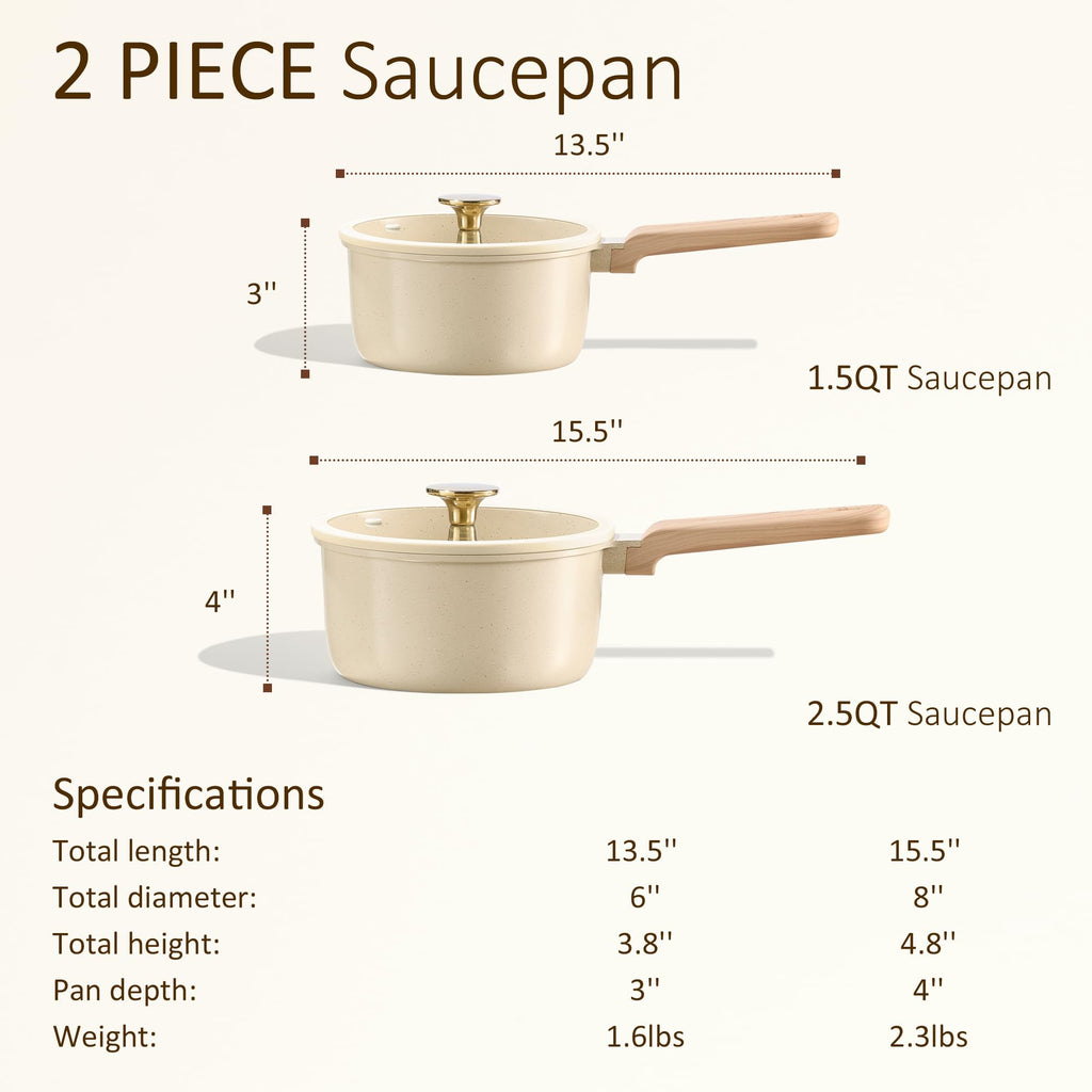 CAROTE Ceramic Nonstick 1.5Qt & 2.5Qt Sauce Pan Sets with Lid